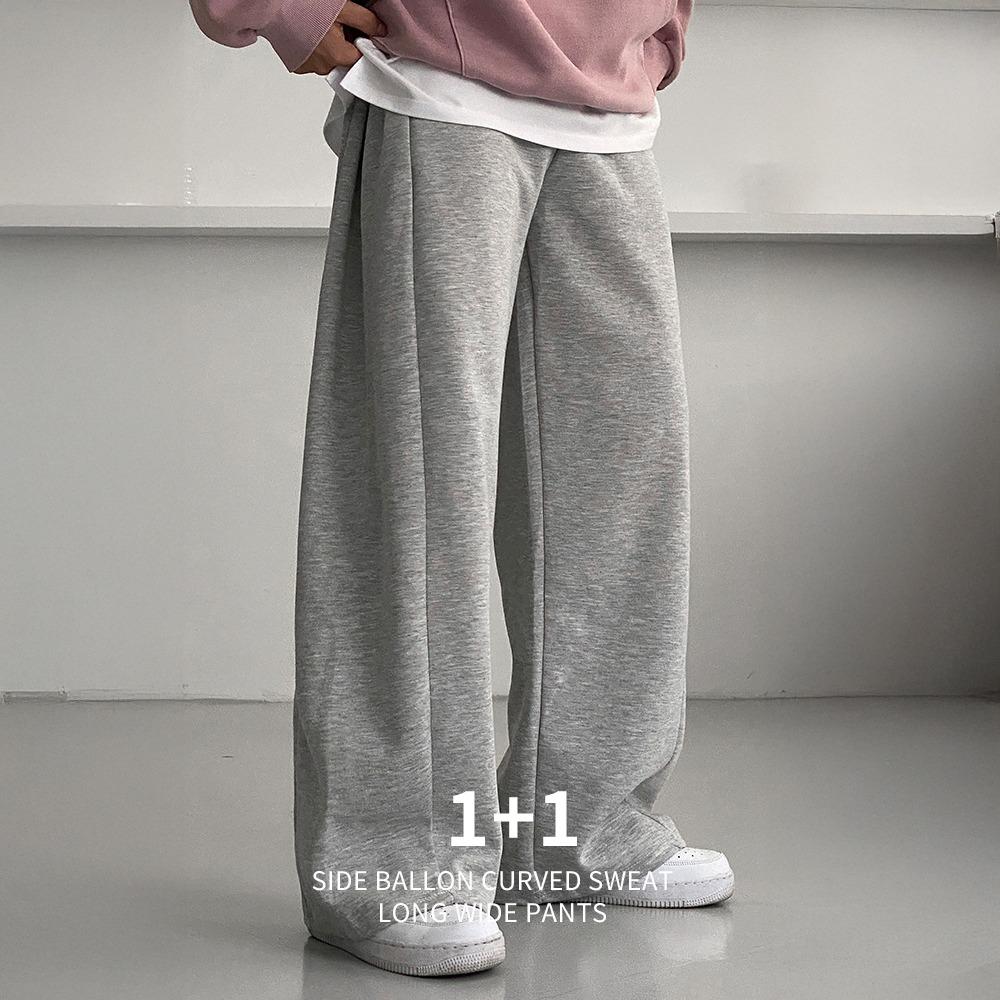 (Urm) 1+1 사이드 벌룬 커브드 스웻 롱와이드팬츠 (4color)