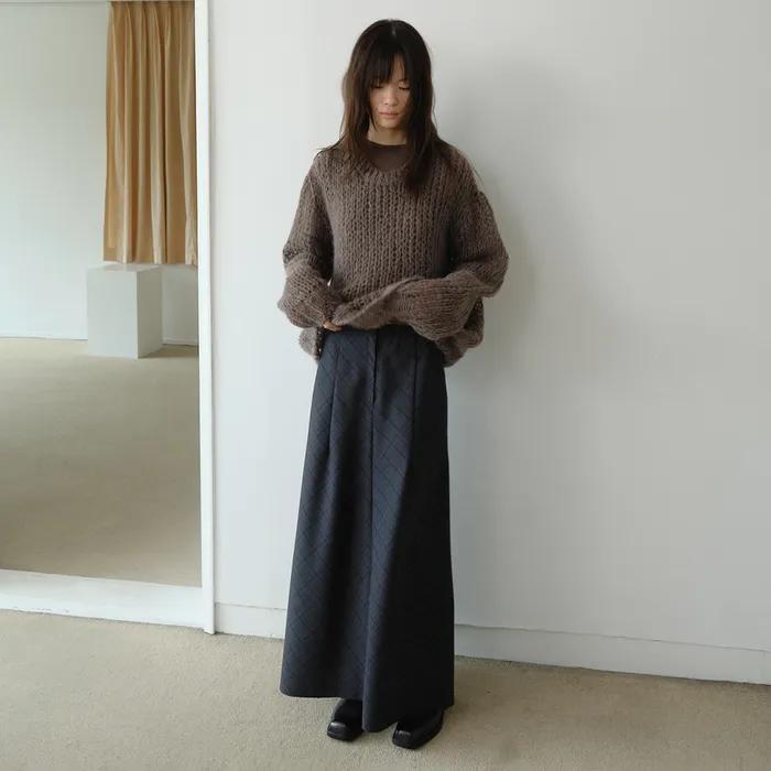 WOOL LONG SLIT SKIRT, CHECK