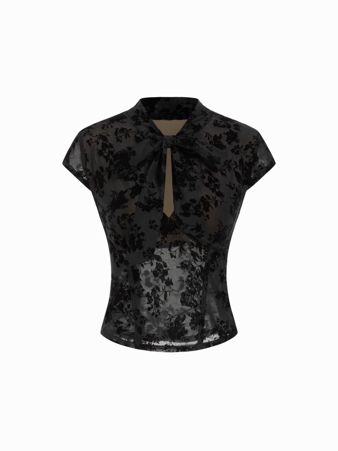 Floral Lace Round Neckline Bowknot Tie Front Top