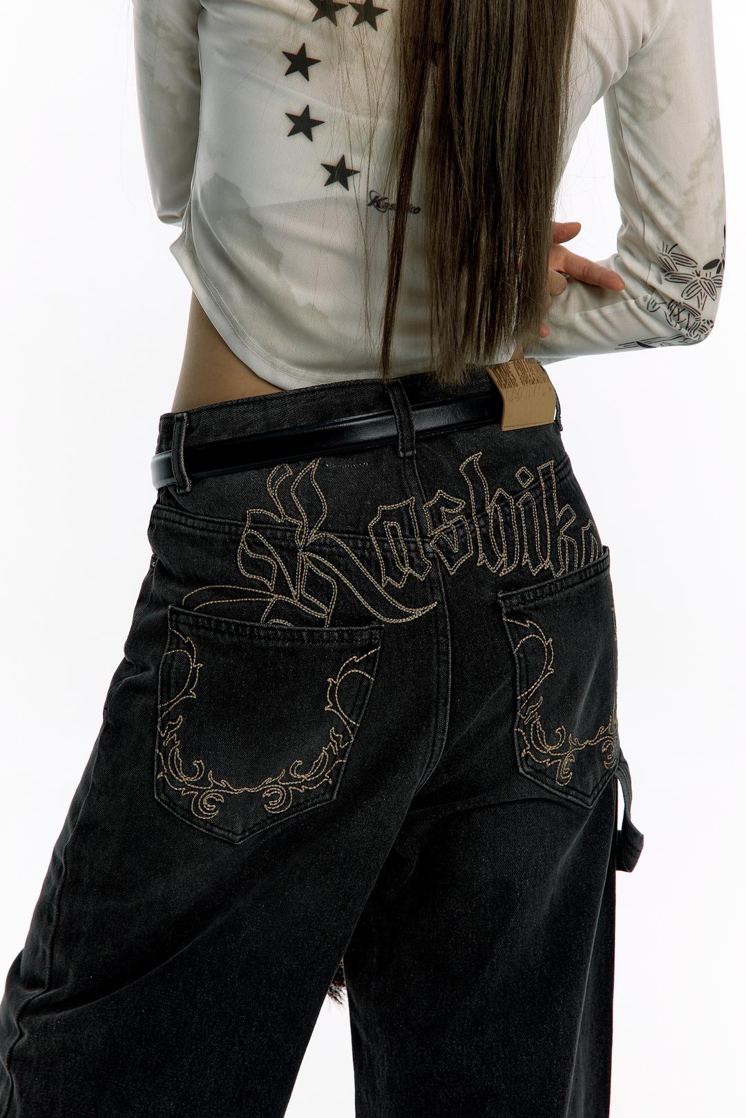 (10/10Pre-Order) Embroidered Washing Denim Pants Black