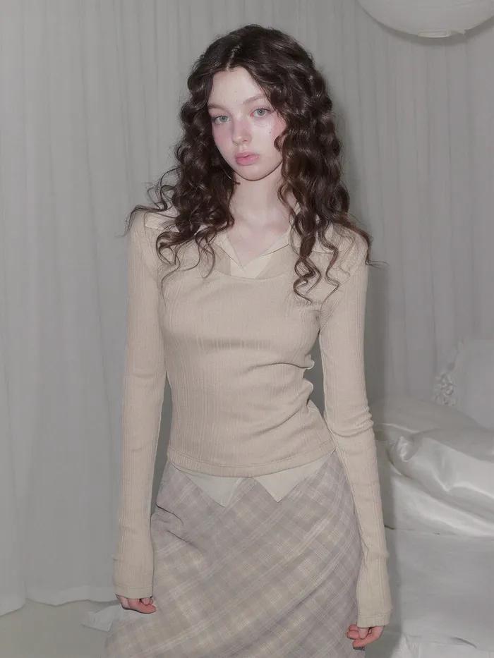 르벨 시스루 카라 골지 긴팔 티셔츠