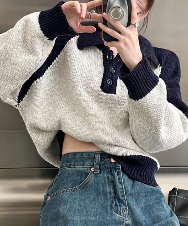 배색 카라 아노락 니트