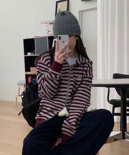 스트라이프 후드 집업-버건디