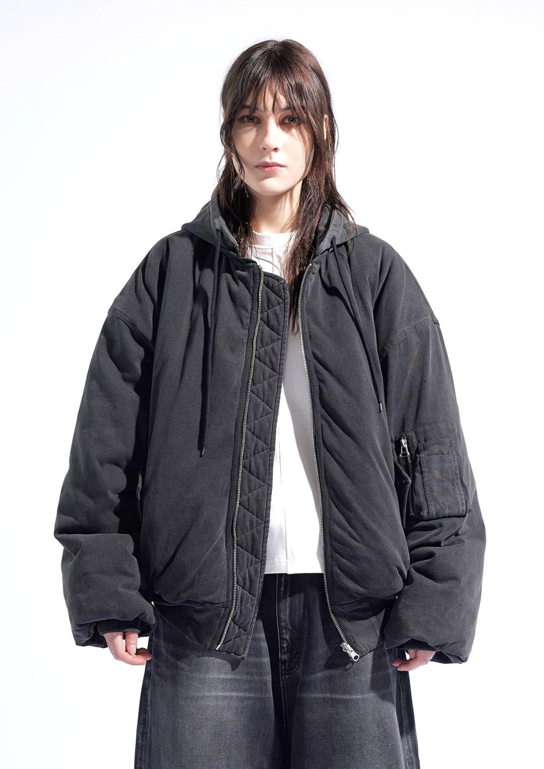 Washed Reversible Hooded Wide Fit Bomber Jacket