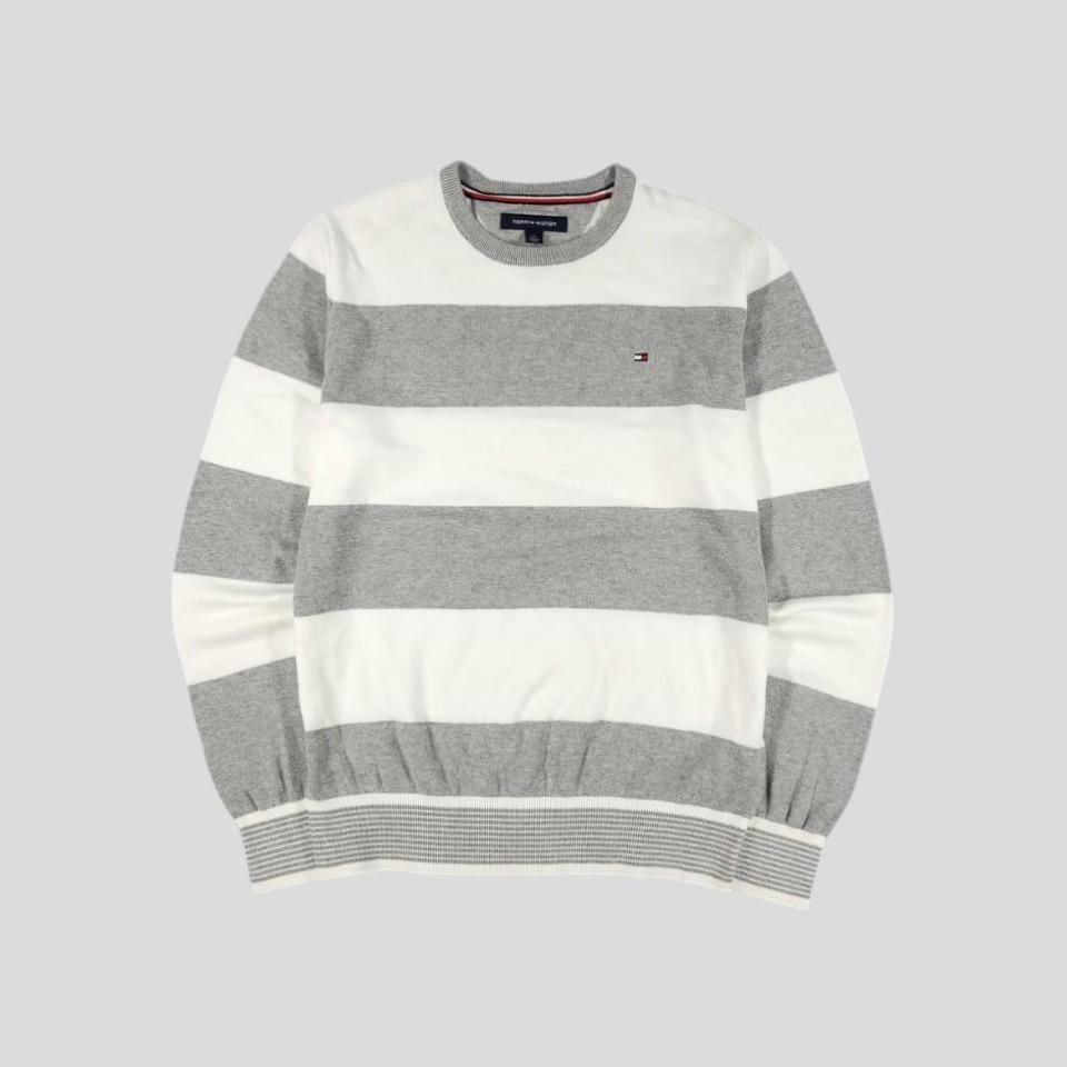 타미힐피거 라이트 그레이 화이트 배색 일대일 스트라이프 라운드넥 니트 S