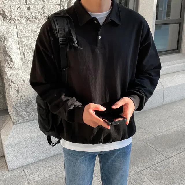 [봄신상] 오버핏 코튼 2버튼 카라 맨투맨 긴팔티 5463