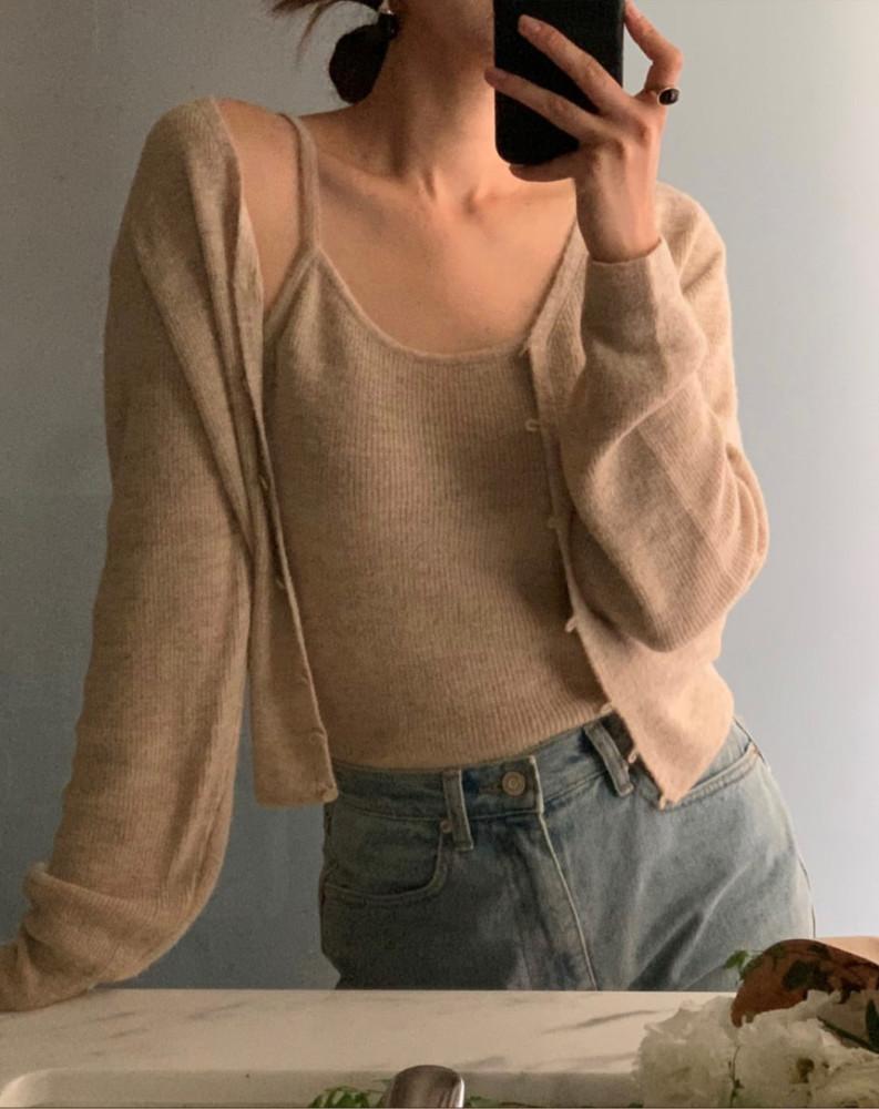 founders 파운더스 에센셜 투피스 긴팔 브이넥 나시 가디건 세트