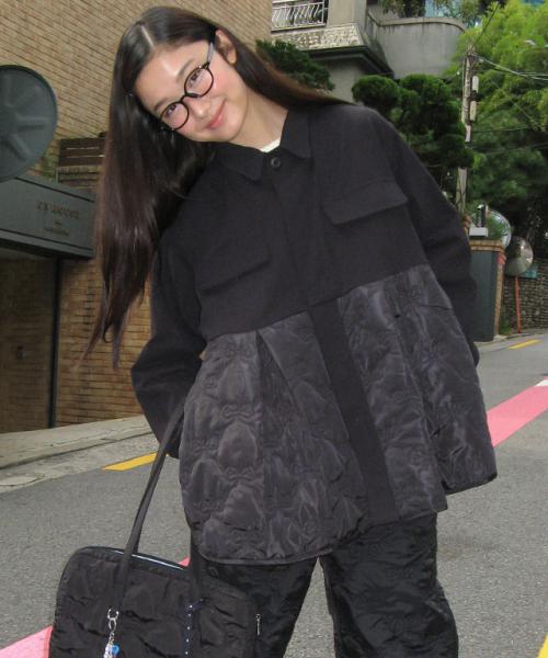 RIBBON QUILTED FRILL FIELD JACKET BLACK