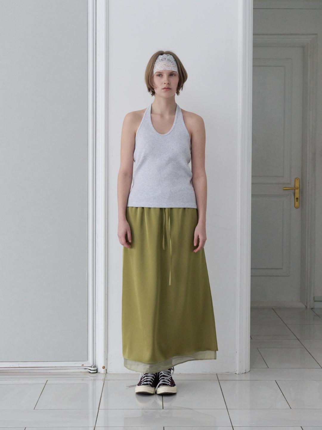 Layered Satin Banded Long Skirt (Olive)