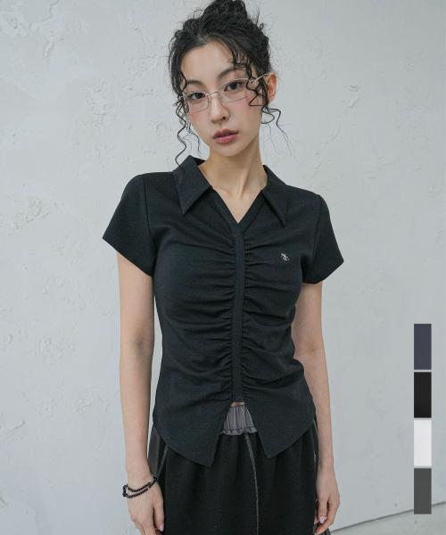 V Shirring Collar Tee - 4COL