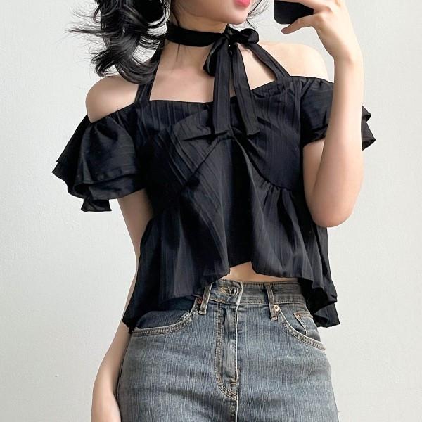 고르켓 날개 어깨 리본 반팔 블라우스4color-러블리