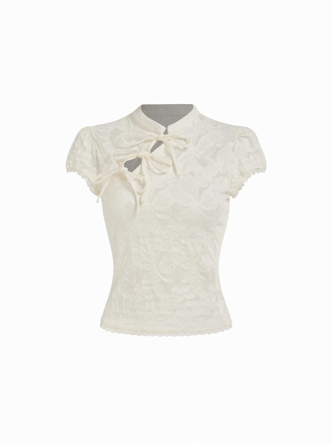 Lace Floral Stand Collar Bowknot Short Sleeve Top