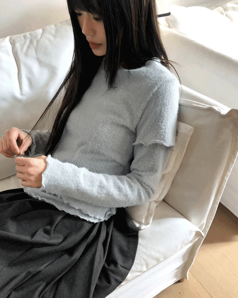 [반팔+긴팔SET💗] 드핀 레이어드 투웨이 앙고라 반팔 긴팔 프릴 티셔츠