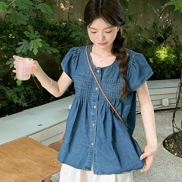 라호 핀턱 데님 블라우스