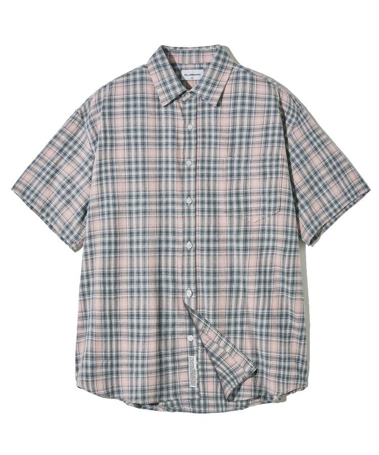오버핏 마드라스 체크 하프 셔츠-핑크