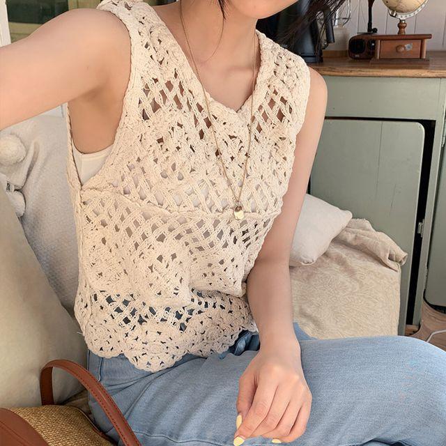SUMMER SALE~65%☀️크로셰니트 바캉스룩✨#제작 [tvs0063] 뮤멜 네트 니트 베스트(뜨개나시, 뜨개니트, 크롭니트, 민소매니트, 여름니트조끼)