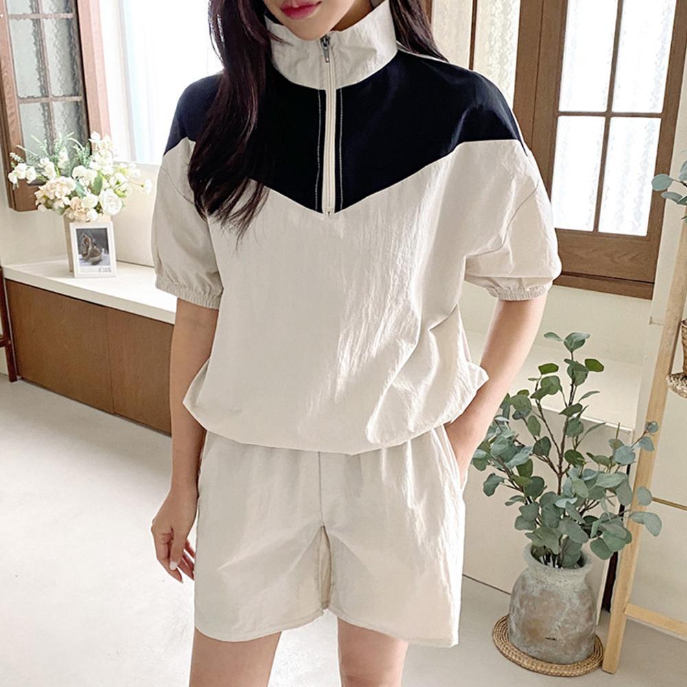 바스락 배색 아노락 반팔 반바지 세트 봄 여름 트레이닝 츄리닝 상하 세트