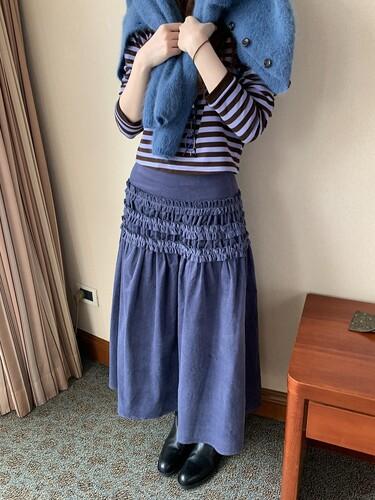 Hellooo Eat 벨벳 플리츠 프릴 A라인 미디 롱 스커트