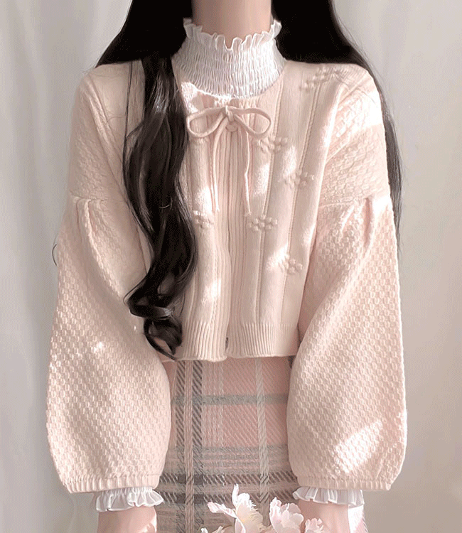 [파스텔톤/아방핏] 무아 리본 벌룬 퍼프 소매 니트 가디건 아이보리 핑크 연보라 3color