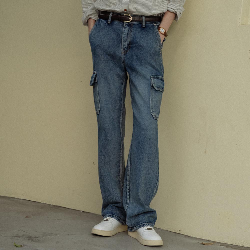 Bleach washing cargo wide denim pants_Blue