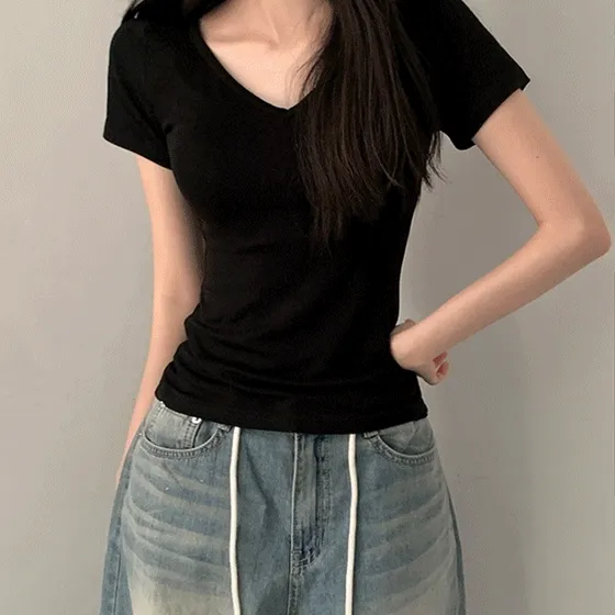 [2사이즈/팔뚝삭제] 여유있는 슬림핏 허리잘록 테일 레이온 브이넥 반팔 티셔츠