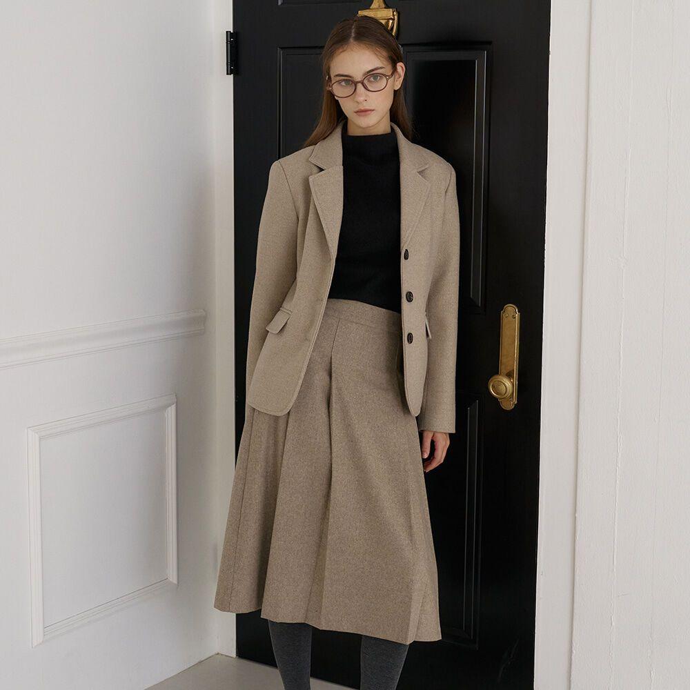 턱 플리츠 울 미디 스커트 애쉬베이지 [T44]