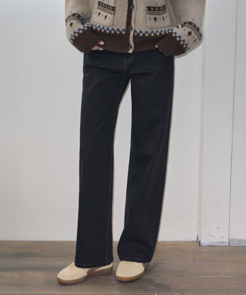 포켓 스티치 스트레이트 데님 팬츠 [BLACK]