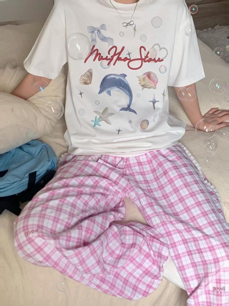 수심 Dolphin T-Shirt 돌고래 여름 티셔츠 빈티지 키치 유니크 화이트