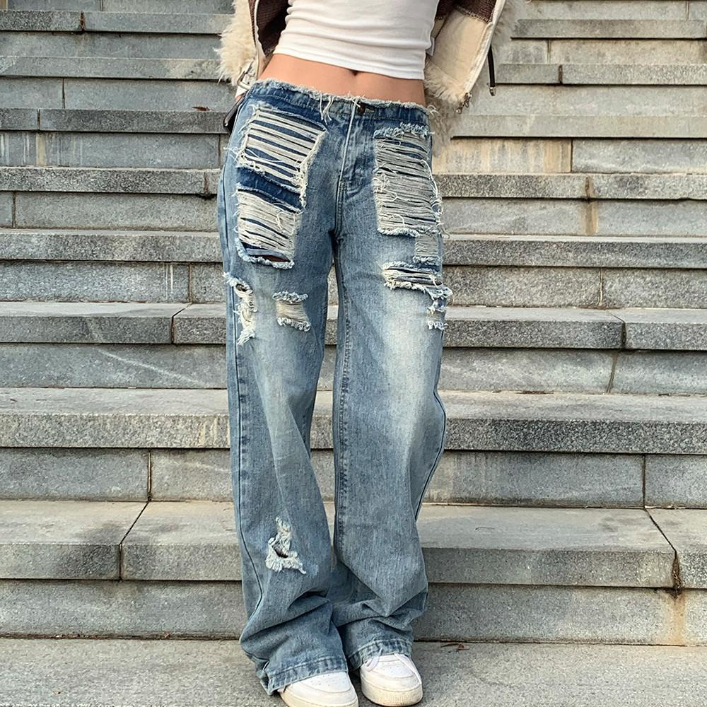 데미지 워싱 세미와이드 로우라이즈 청바지 여성 사계절 레트로 유니크룩