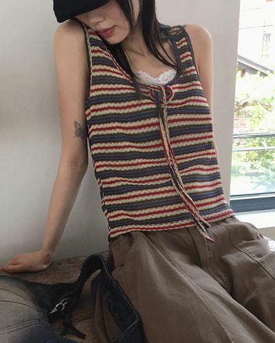 チタン ヒッピー 配色 ストライプ ストラップ ベスト キャミソール スリーブレス