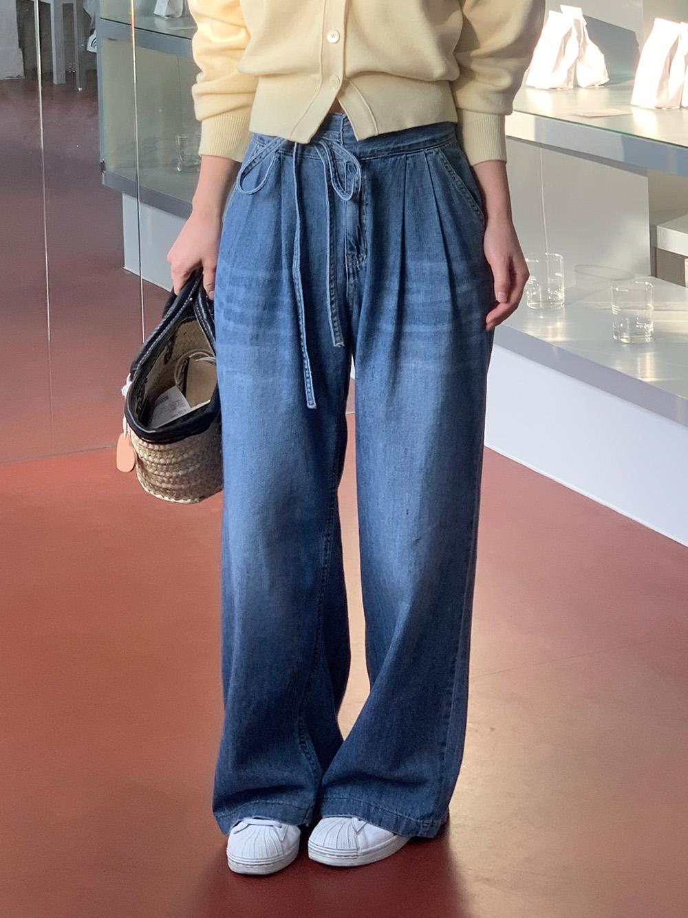 리본 끈 와이드 라이트 데님