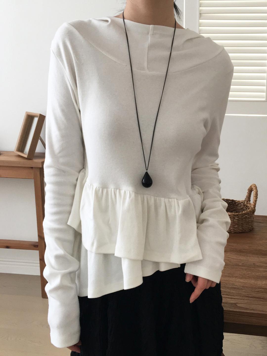 노비야카 Yuze unbal frill hooded T (Ivroy, charcoal, black)