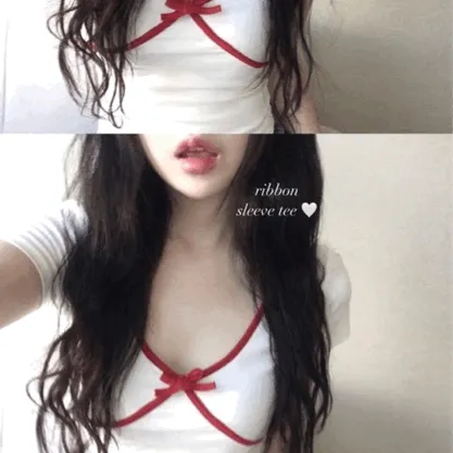 [여리핏/슬림!] 샤베트 리본 브이넥 티셔츠