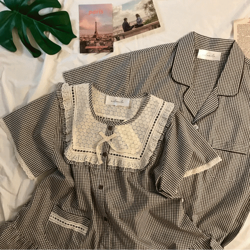 체크 여름 커플 잠옷 원피스 빅사이즈 썸머 반팔 셔츠 파자마