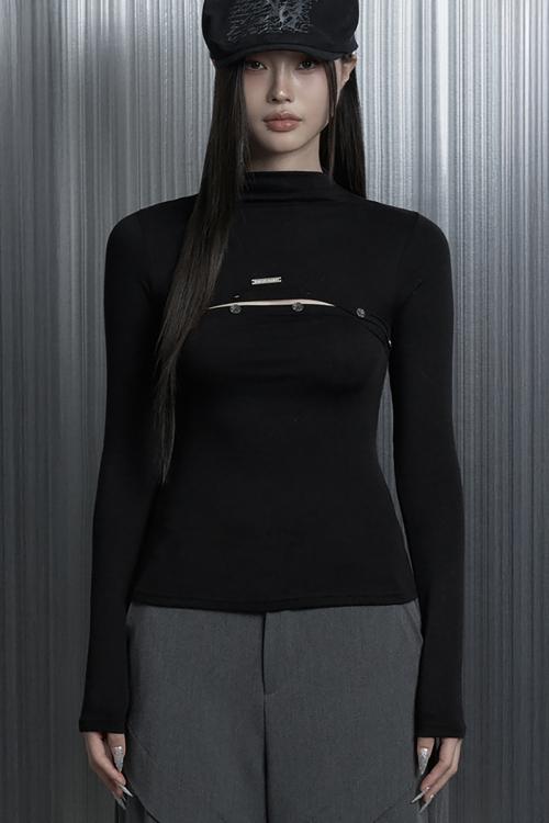 On-Off Button Split Long Sleeve Tee (Black)