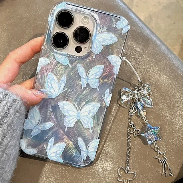 [스트랩set] 블루 나비 아이폰케이스 스트랩 오로라 홀로그램 키링 봄 보라 핸드폰 그라데이션 케이스 12 13 11 14 15 프로 맥스