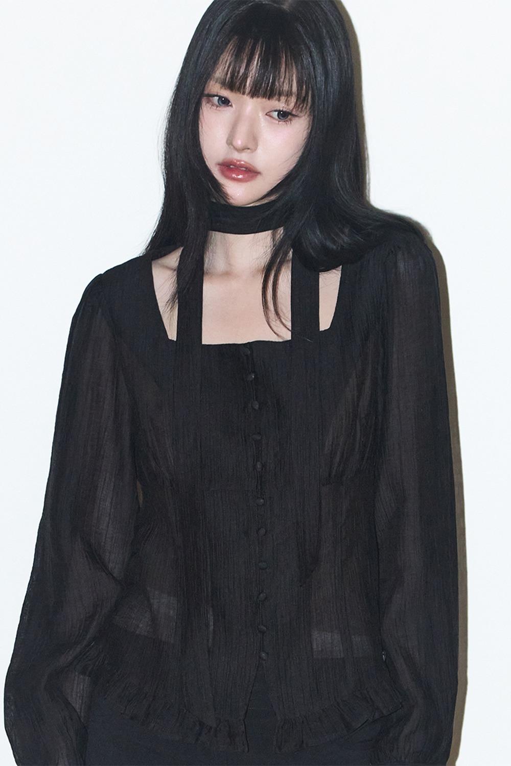 리본 타이 스퀘어넥 롱블라우스 블랙