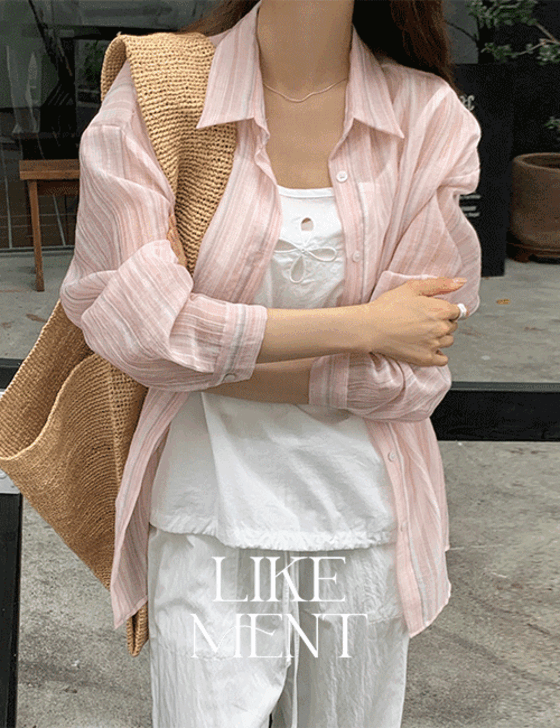 [LIKEMENT] 유리스 텐셀 시스루 핑크 스트라이프 루즈핏 셔츠 (SH)