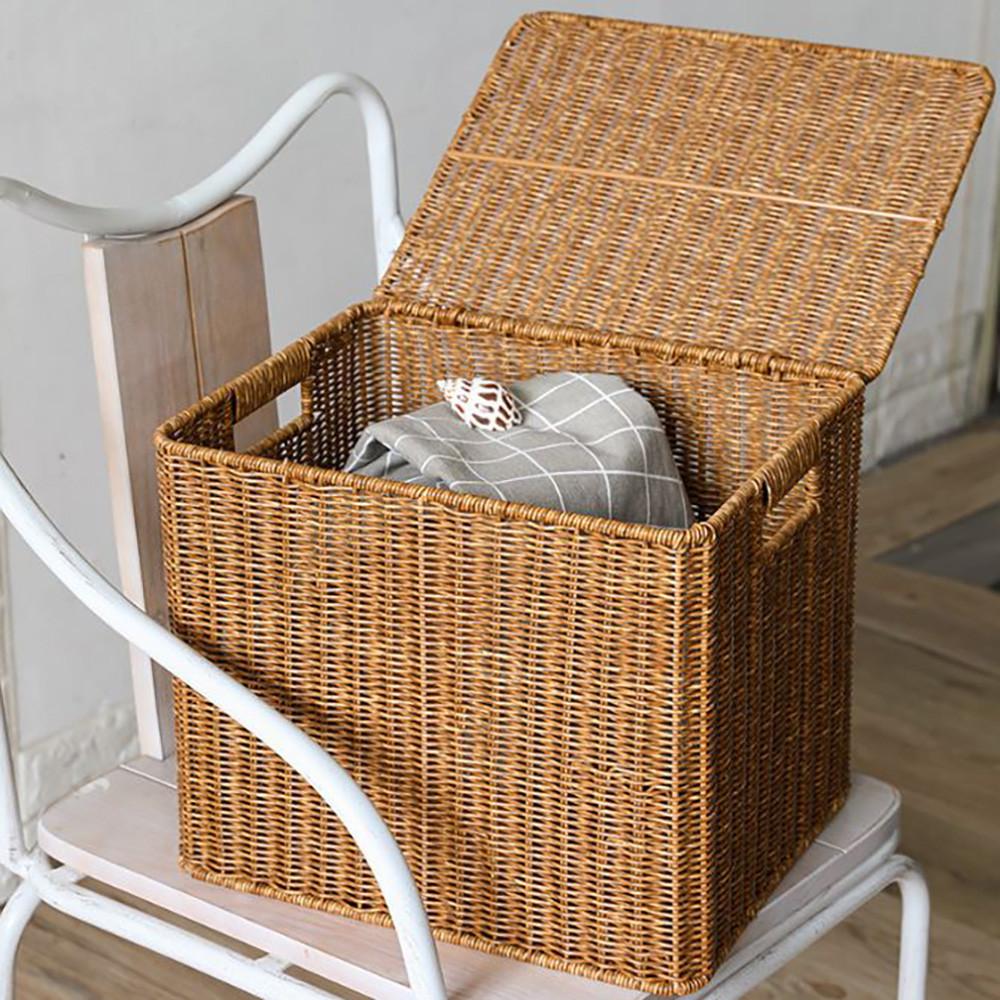 내츄럴 볼튼 깊은 사각 손잡이 뚜껑 대형 수납 라탄바구니 바스켓