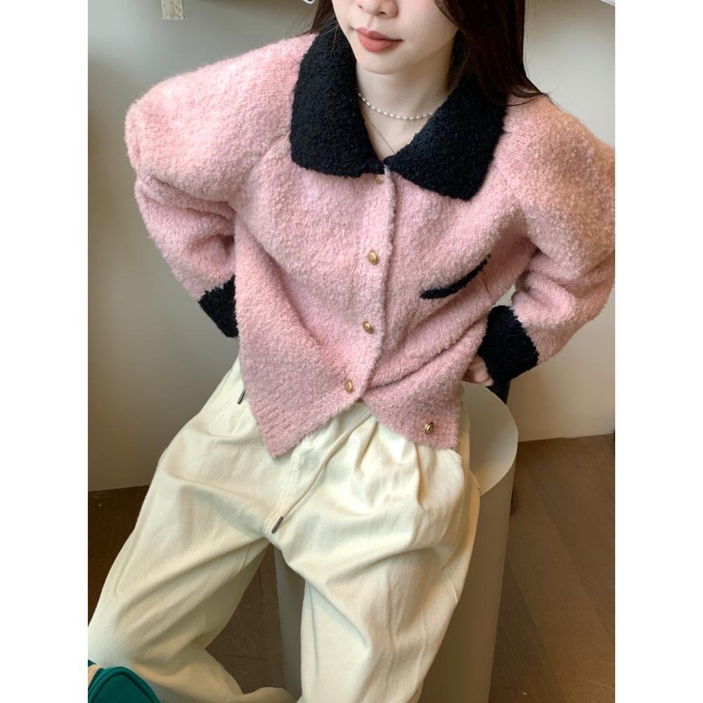 슈가 밀크 배색 니트 세미 크롭 카라 가디건