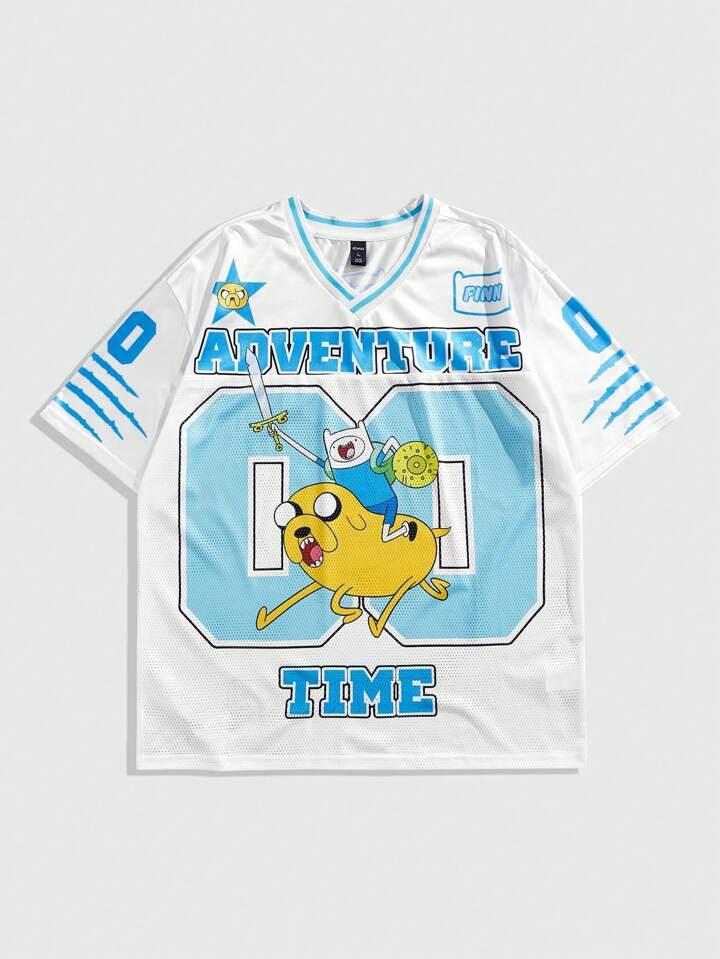 Adventure Time X ROMWE Men's Cartoon And Letter Graphic Pointelle Knit Sports Short Sleeve T-Shirt, Athletic Jersey