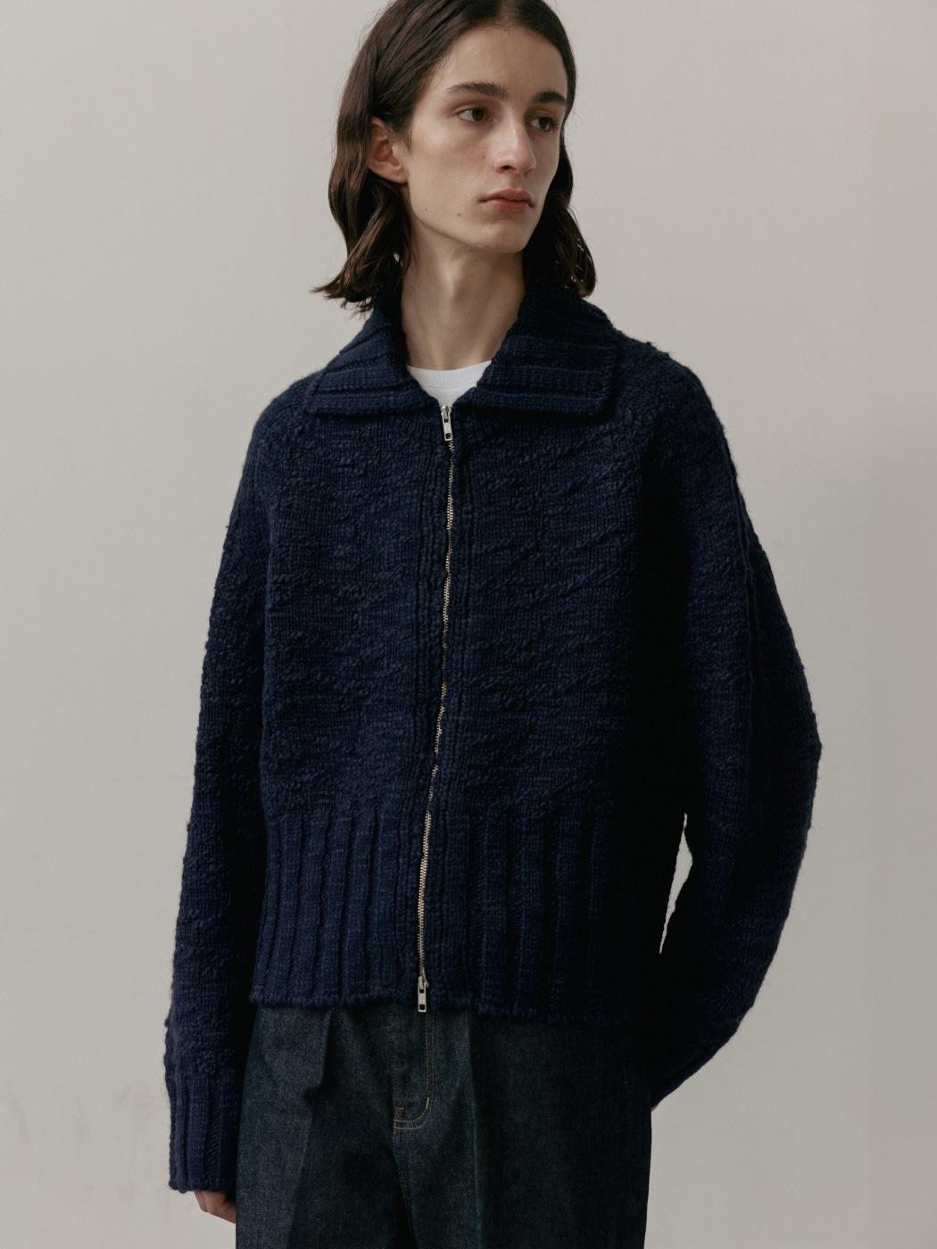 카라 울 집업 가디건_네이비