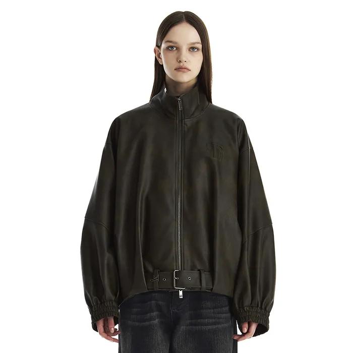 Belted Oversized Leather Blouson [ Brown ]