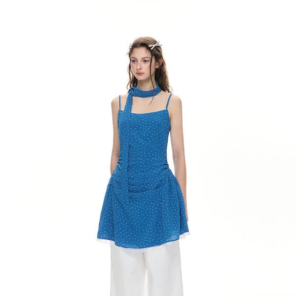RN blue sleeveless polka dot suspender dress