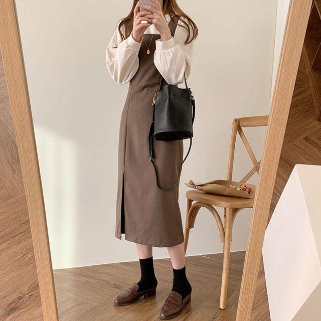 [블라우스/셔츠 찰떡] 비비 뷔스티에 트임 롱원피스 하객룩 (2color)_321g