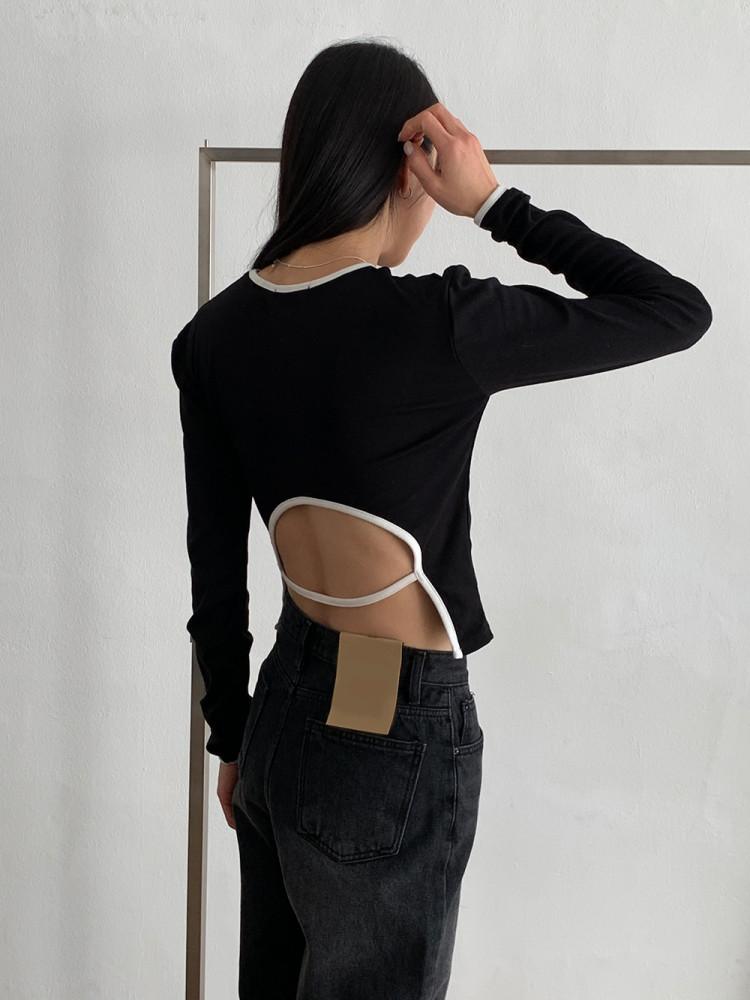 백 오픈 배색 파이핑 긴팔 티셔츠