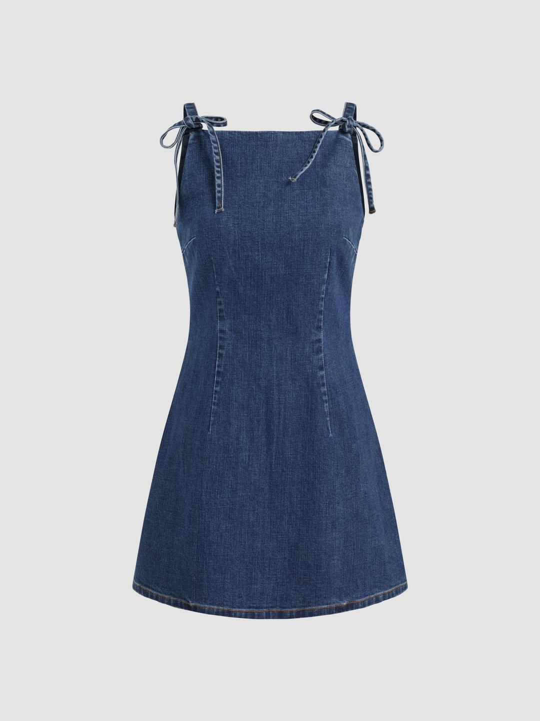 Stretch Denim Solid Zipper Knotted Mini Dress