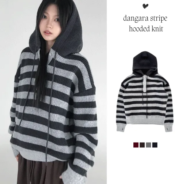 [두툼폭닥🐻/워머포인트] *귀욤아방핏 단가라 스트라이프 후드 니트