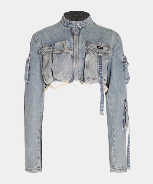 보니 데님 카고 크롭 자켓 - 스카이블루