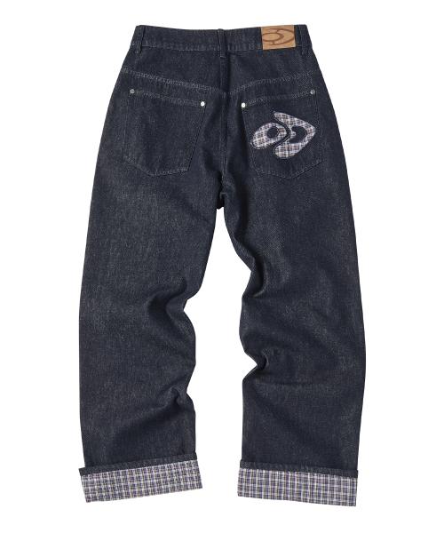 체크 롤업 데님 팬츠 인디고